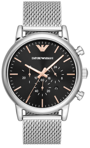 Emporio Armani Luigi Chronograph Quartz Black Dial Silver Mesh Bracelet Watch For Men - AR11429 Authentic Buy Shop Now