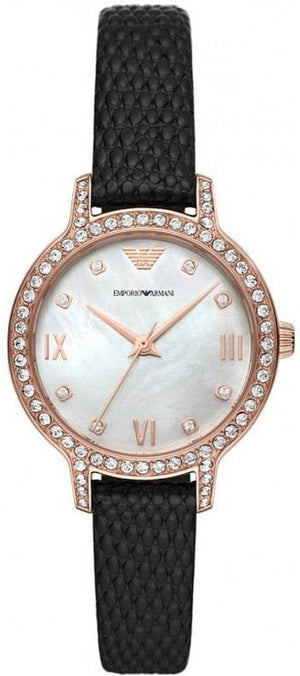 Emporio Armani Cleo Three-Hand Mother of Pearl Dial Black Leather Strap Watch For Women - AR11485 Authentic Buy Shop Now
