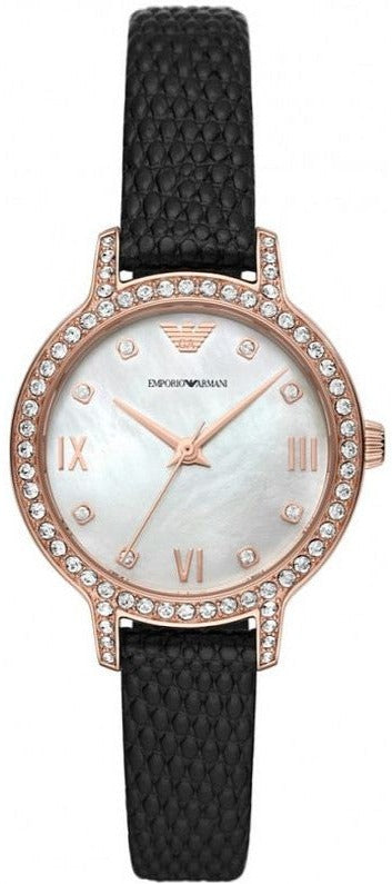 Emporio Armani Cleo Three-Hand Mother of Pearl Dial Black Leather Strap Watch For Women - AR11485 Authentic Buy Shop Now