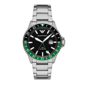 Emporio Armani Sea Explorer GMT Quartz Black Dial Silver Steel Strap Watch For Men - AR11589 Authentic Buy Shop Now