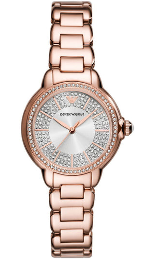 Emporio Armani Mia Three Hand Crystals Silver Dial Rose Gold Steel Strap Watch For Women - AR11633 Authentic Buy Shop Now