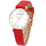 Emporio Armani Gianni T Bar Silver Dial Red Leather Strap Watch For Women - AR1876 Authentic Buy Shop Now