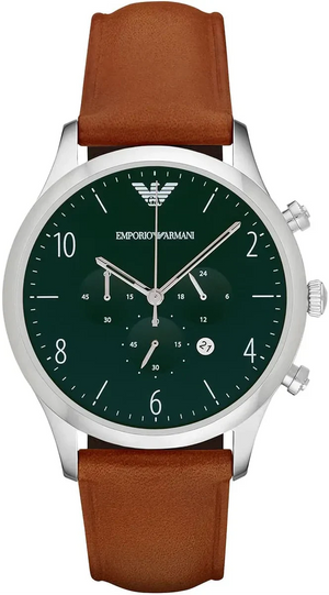 Emporio Armani Beta Chronograph Green Dial Brown Leather Strap Watch for Men - AR1941 Authentic Buy Shop Now