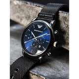 Emporio Armani Chronograph Blue Dial Gun Metallic Mesh Bracelet Watch For Men - AR1979 Authentic Buy Shop Now