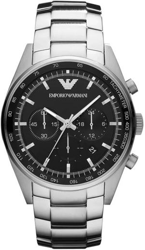Emporio Armani Tazio Chronograph Black Dial Silver Steel Strap Watch for Men - AR5980 Authentic Buy Shop Now