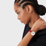Emporio Armani Gianni T-Bar Mother of Pearl White Dial Red Leather Strap Watch For Women - AR60048 Authentic Buy Shop Now
