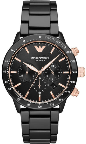 Emporio Armani Mario Ceramic Chronograph Black Dial Black Steel Strap Watch For Men - AR70002 Authentic Buy Shop Now