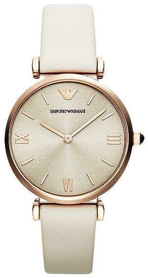 Emporio Armani Gianni T Bar Light Brown Dial White Leather Strap Watch For Women - AR1769 Authentic Buy Shop Now