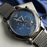 Emporio Armani Chronograph Blue Dial Gun Metallic Mesh Bracelet Watch For Men - AR1979 Authentic Buy Shop Now