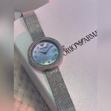 Emporio Armani Rosa Diamonds Mother of Pearl Blue Dial Silver Mesh Bracelet Watch For Women - AR11380 Authentic Buy Shop Now