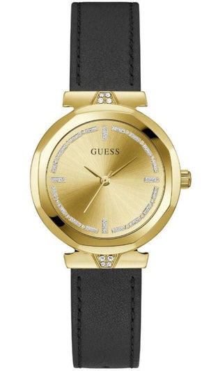 Guess Rumour Quartz Gold Dial Black Leather Strap Watch For Women - GW0689L2 Authentic Buy Shop Now