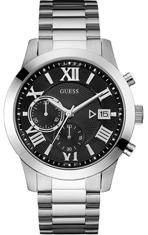 Guess Atlas Chronograph Black Dial Silver Steel Strap Watch For Men - W0668G3 Authentic Buy Shop Now