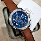 Fossil Bronson Chronograph Luggage Blue Dial Brown Leather Strap Watch for Men - FS5829 Authentic Buy Shop Now