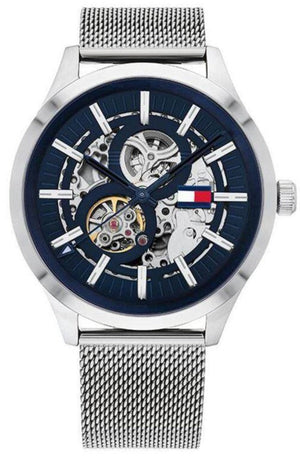 Tommy Hilfiger Spencer Skeleton Black Dial Silver Mesh Bracelet Watch for Men - 1791643 Authentic Buy Shop Now