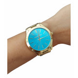 Michael Kors Slim Runway Blue Mother of Pearl Dial Gold Steel Strap Watch for Women - MK3492 Authentic Buy Shop Now