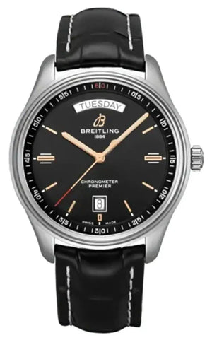 Breitling Premier Automatic 40mm Day & Date Black Dial Black Leather Strap Mens Watch - A45340241B1P2 Authentic Buy Shop Now