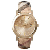 Burberry The City Gold Dial Haymarket Brown Leather Strap Watch for Women - BU9026 Authentic Buy Shop Now