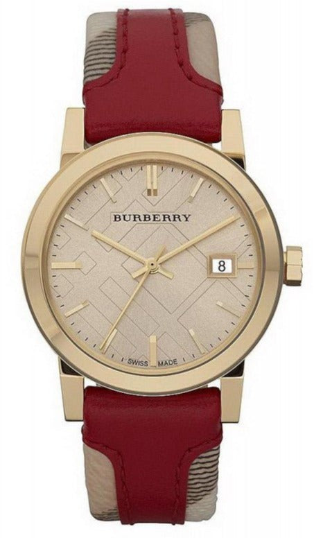 Burberry Heritage Nova Gold Dial Haymarket Red Leather Strap Watch for Women - BU9111 Authentic Buy Shop Now