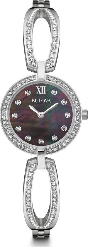 Bulova Crystal Black Mother of Pearl Dial Silver Steel Strap Watch for Women - 96L224 Authentic Buy Shop Now