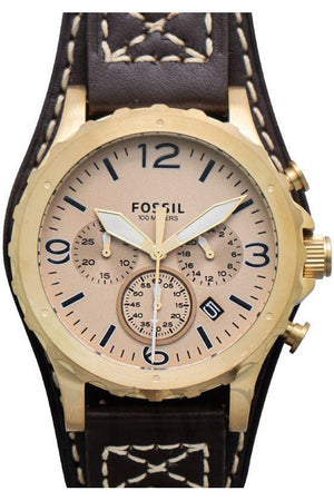Fossil Nate Chronograph Gold Dial Brown Leather Strap Watch for Men - JR1495 Authentic Buy Shop Now