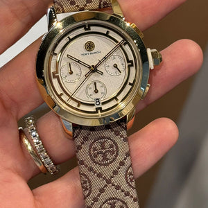 Tory Burch The Tory Chronograph White Dial Maroon Jacquard Strap Watch for Women - TBW1051 Authentic Buy Shop Now
