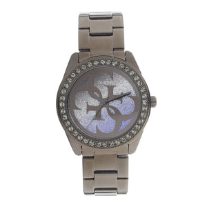 Guess G Twist Diamonds Purple Dial Black Steel Strap Watch For Women - W1201L4 Authentic Buy Shop Now