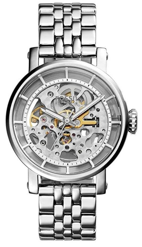 Fossil Boyfriend Automatic Skeleton Silver Dial Silver Steel Strap Watch for Women - ME3067 Authentic Buy Shop Now
