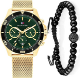 Tommy Hilfiger Jordan Chronograph Green Dial Gold Mesh Strap Watch For Men - 1792093 Authentic Buy Shop Now