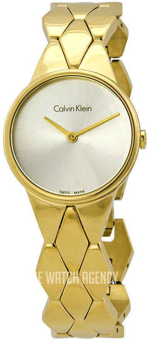 Calvin Klein Snake Silver Dial Yellow Gold Steel Strap Watch For Women - K6E23546 Authentic Buy Shop Now