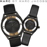 Marc Jacobs Tether Transparent Black Dial Black Leather Strap Watch for Women - MBM1379 Authentic Buy Shop Now