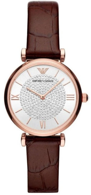 Emporio Armani Gianni T-Bar Silver Dial Brown Leather Strap Watch For Women - AR11269 Authentic Buy Shop Now