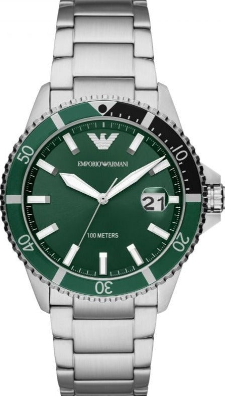 Emporio Armani Three Hand Green Dial Silver Steel Strap Watch For Men - AR11338 Authentic Buy Shop Now