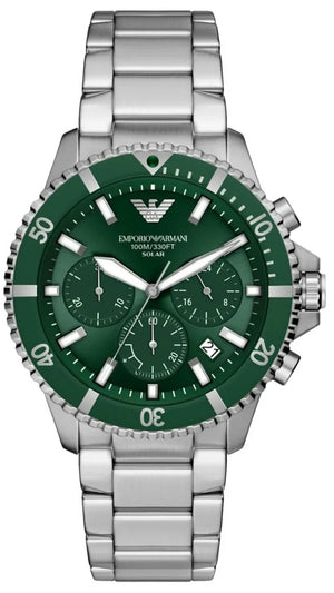 Emporio Armani World Explorer Solar Chronograph Green Dial Silver Steel Strap Watch for Men - AR11741 Authentic Buy Shop Now