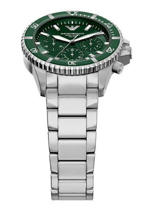 Emporio Armani World Explorer Solar Chronograph Green Dial Silver Steel Strap Watch for Men - AR11741 Authentic Buy Shop Now