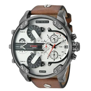 Diesel Mr. Daddy 2.0 Chronograph Silver Dial Brown Leather Strap Watch For Men - DZ7394 Authentic Buy Shop Now