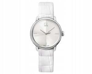 Calvin Klein Accent Silver Dial White Leather Strap Watch for Women - K2Y2X1K6 Authentic Buy Shop Now