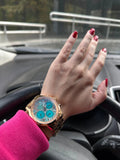 Guess Mini Sunrise Multi Function Analog Turquoise Dial Rose Gold Steel Strap Watch For Women - W0448L8 Authentic Buy Shop Now