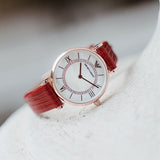 Emporio Armani Gianni T-Bar Analog Mother of Pearl Dial Red Leather Strap Watch For Women - AR11322 Authentic Buy Shop Now