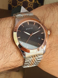 Gucci G Timeless Black Dial Two Tone Steel Strap Watch For Men - YA126410 Authentic Buy Shop Now