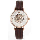 Emporio Armani Meccanico Skeleton Mother of Pearl Dial Brown Leather Strap Watch For Women - AR1993 Authentic Buy Shop Now