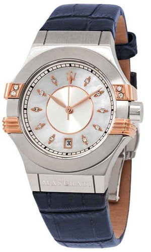 Maserati Potenza Diamonds Silver Dial Blue Leather Strap Watch For Women - R8851108502 Authentic Buy Shop Now