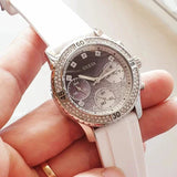 Guess Confetti Crystal Black Dial White Silicone Strap Watch For Women - W1098L1 Authentic Buy Shop Now