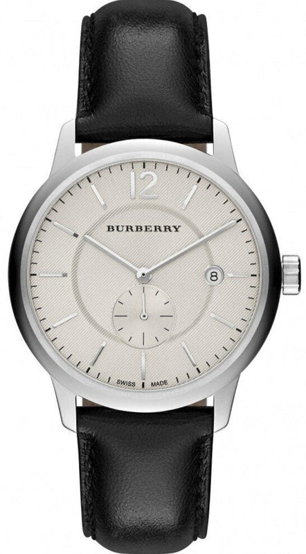 Burberry The Classic Horseferry Beige Dial Black Leather Strap Watch for Men - BU10000 Authentic Buy Shop Now