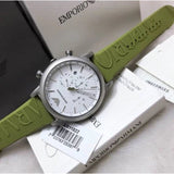 Emporio Armani Chronograph White Dial Green Rubber Strap Watch For Men - AR11022 Authentic Buy Shop Now