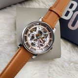 Fossil Boyfriend Automatic Skeleton Silver Dial Brown Leather Strap Watch for Women - ME3109 Authentic Buy Shop Now