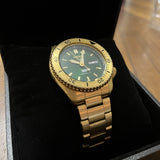 Seiko 5 Sports HUF Limited Edition Green Dial Gold Steel Strap Watch For Men - SRPJ20 Authentic Buy Shop Now