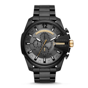 Diesel Mega Chief Chronograph Grey Dial Black Steel Strap Watch For Men - DZ4479 Authentic Buy Shop Now