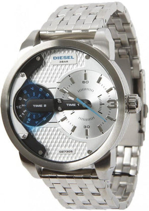 Diesel Mini Daddy Dual Time Silver Dial Stainless Steel Watch For Men - DZ7305 Authentic Buy Shop Now