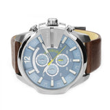 Diesel Mega Chief Chronograph Blue Dial Brown Leather Strap Watch For Men - DZ4281 Authentic Buy Shop Now