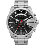 Diesel Mega Chief Chronograph Black Dial Silver Steel Strap Watch For Men - DZ4308 Authentic Buy Shop Now